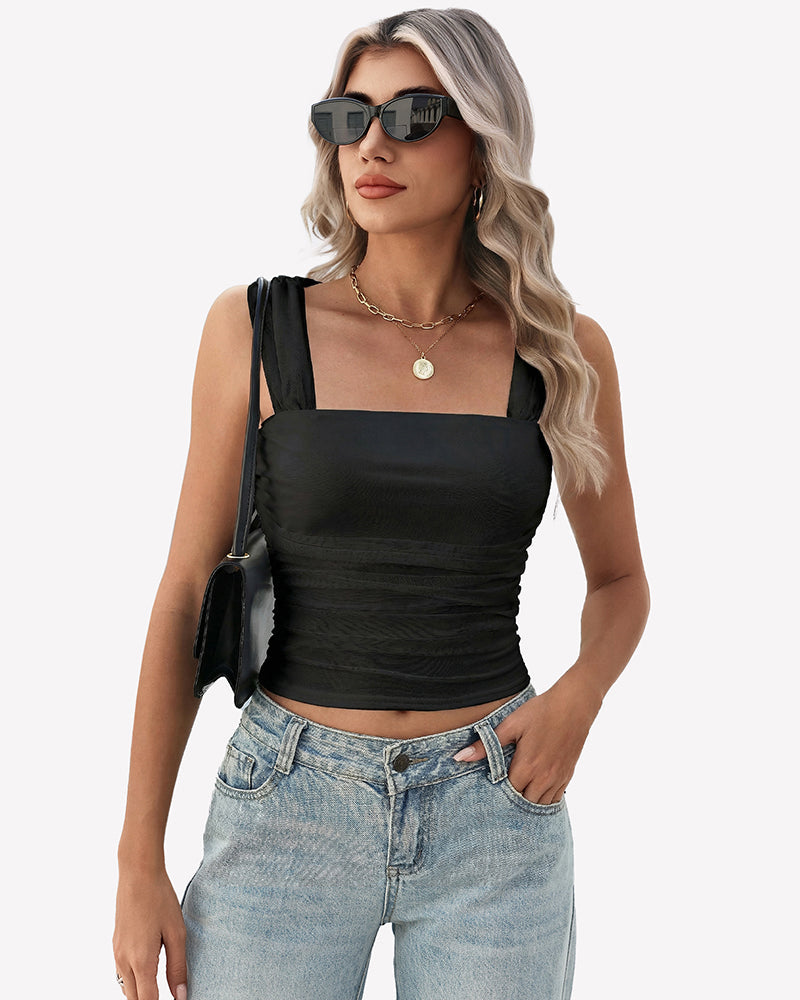 Mesh Square Neck Cute Tank Ruched Crop Top