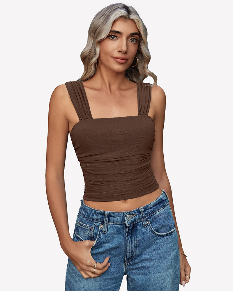 Mesh Square Neck Cute Tank Ruched Crop Top