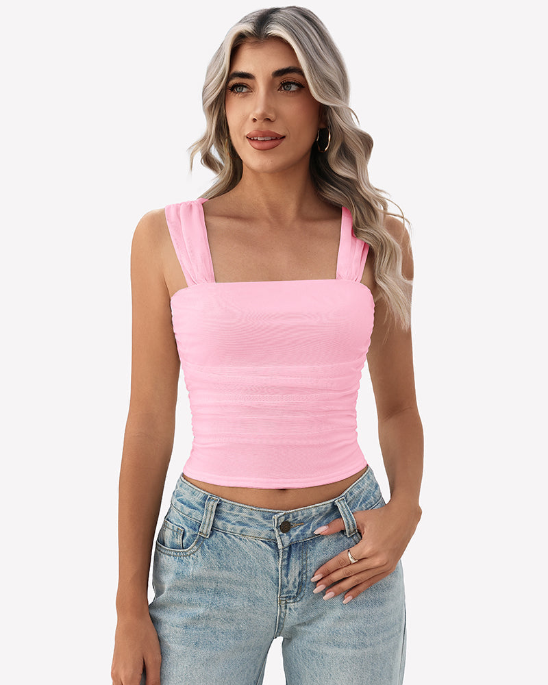 Mesh Square Neck Cute Tank Ruched Crop Top
