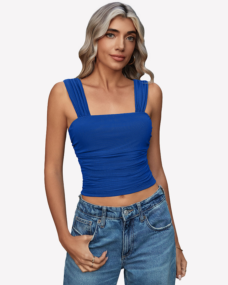 Mesh Square Neck Cute Tank Ruched Crop Top