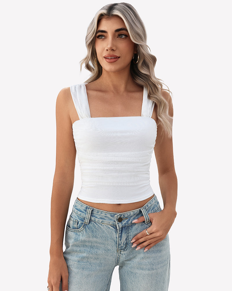 Mesh Square Neck Cute Tank Ruched Crop Top