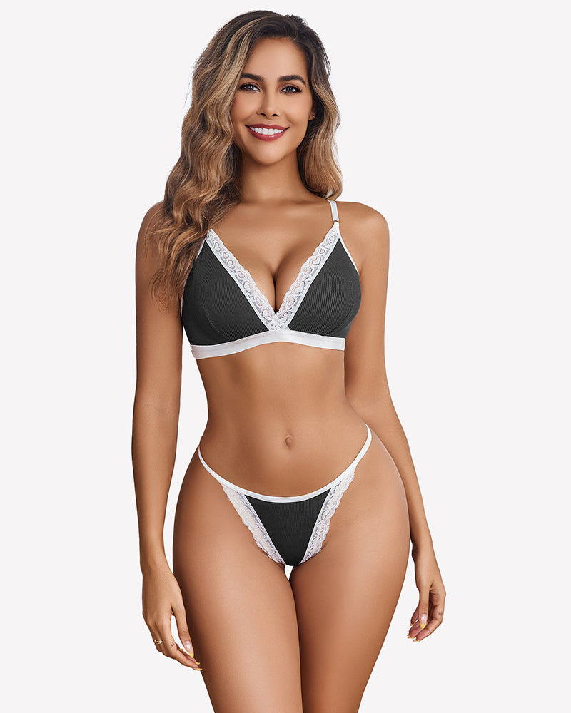 Ribbed Bra and Pany Set with Lace Trim