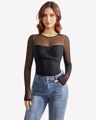 Long Sleeve Sheer Leotard Twist Knot Tops
