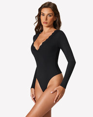 Long Sleeve Lace V Neck Leotard Shirt