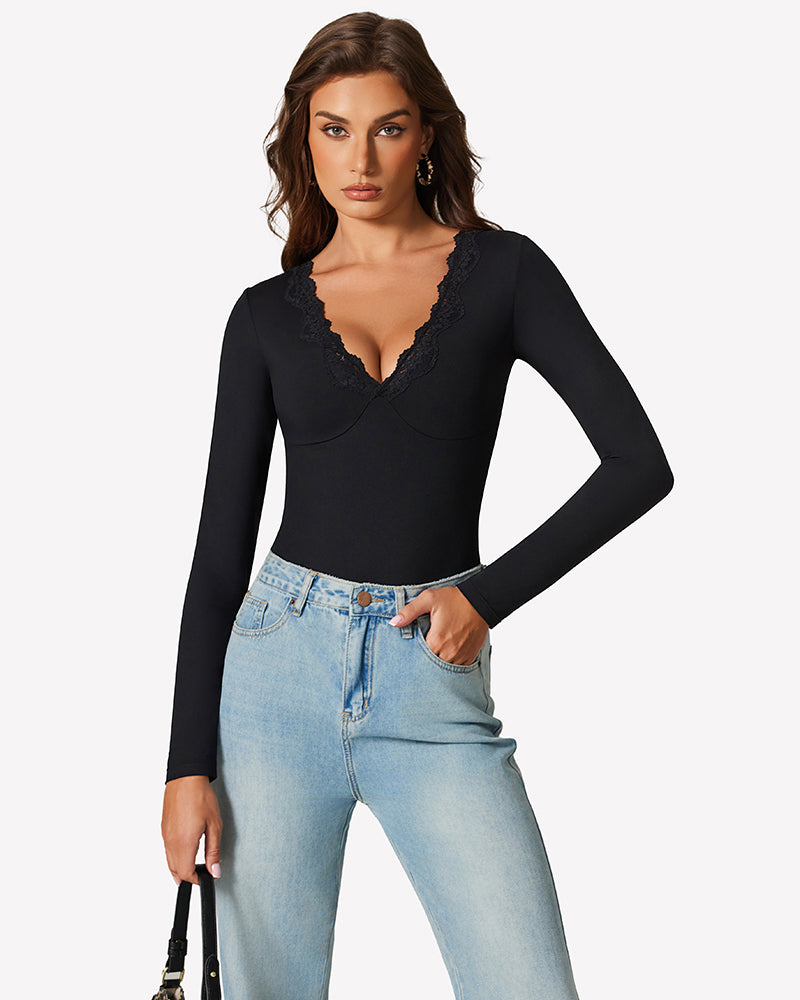 Long Sleeve Lace V Neck Leotard Shirt