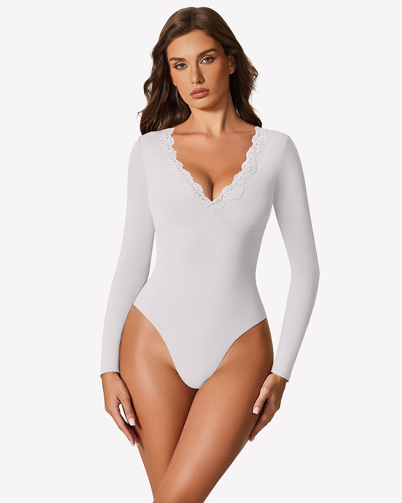 Long Sleeve Lace V Neck Leotard Shirt