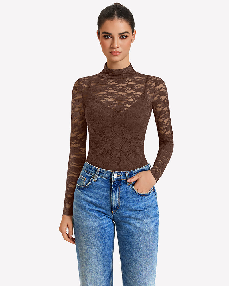 Long Sleeve Bodysuit Lace Tops Two Piece Set