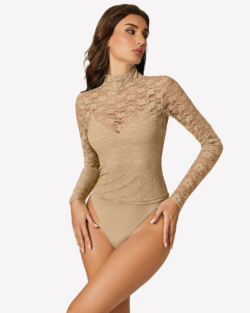 Long Sleeve Bodysuit Lace Tops Two Piece Set