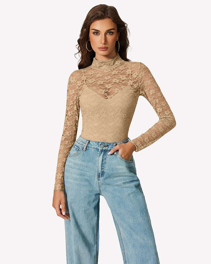 Long Sleeve Bodysuit Lace Tops Two Piece Set