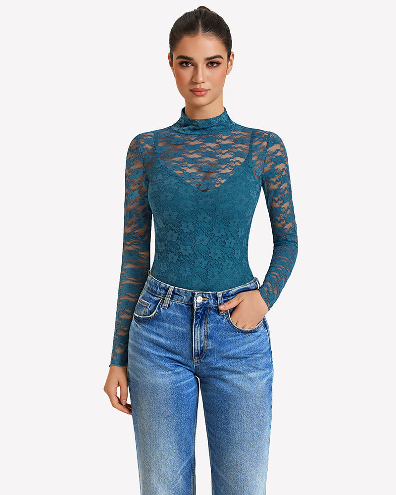 Long Sleeve Bodysuit Lace Tops Two Piece Set