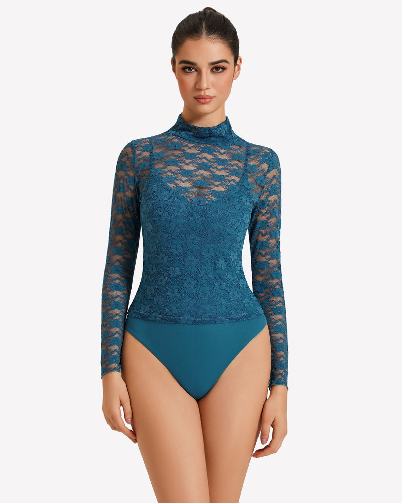 Long Sleeve Bodysuit Lace Tops Two Piece Set