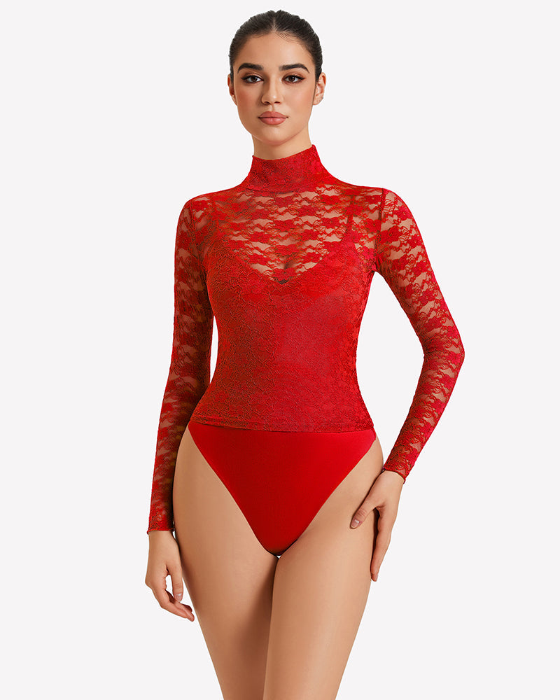 Long Sleeve Bodysuit Lace Tops Two Piece Set
