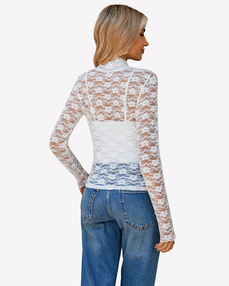 Long Sleeve Bodysuit Lace Tops Two Piece Set