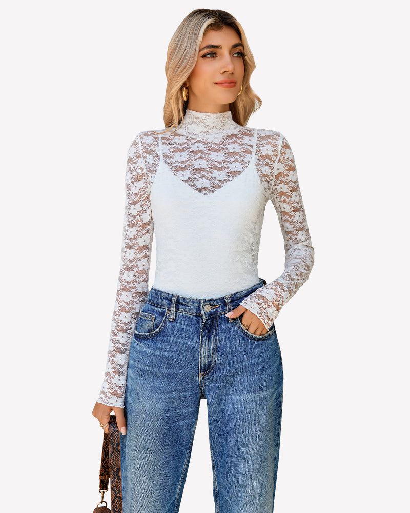 Long Sleeve Bodysuit Lace Tops Two Piece Set