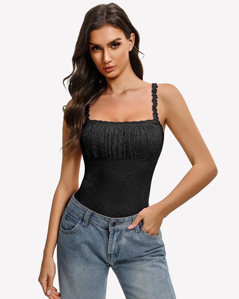 Lace Thong Bodysuit Square Neck Sleeveless Cami Going Out Top