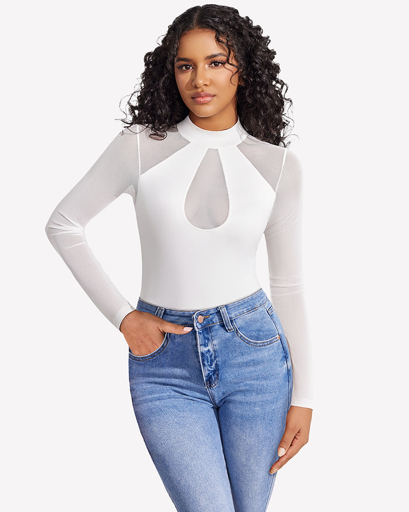 Long Sleeve Bodysuits Mesh Top