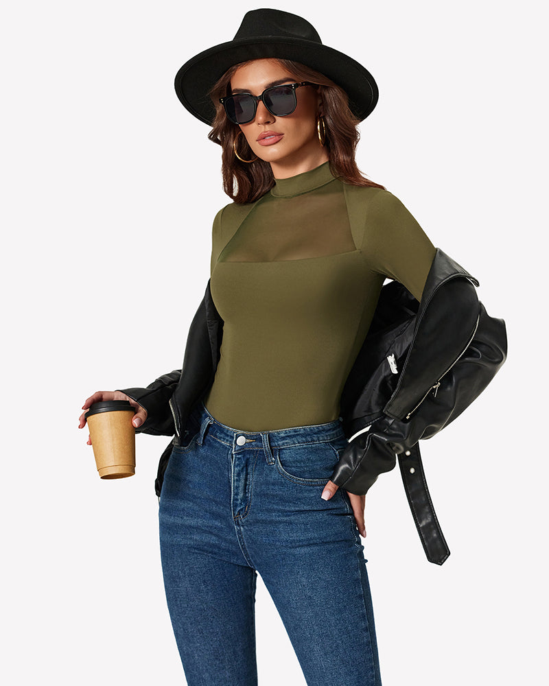 Long Sleeve Leotard Mesh Bodysuit Tops