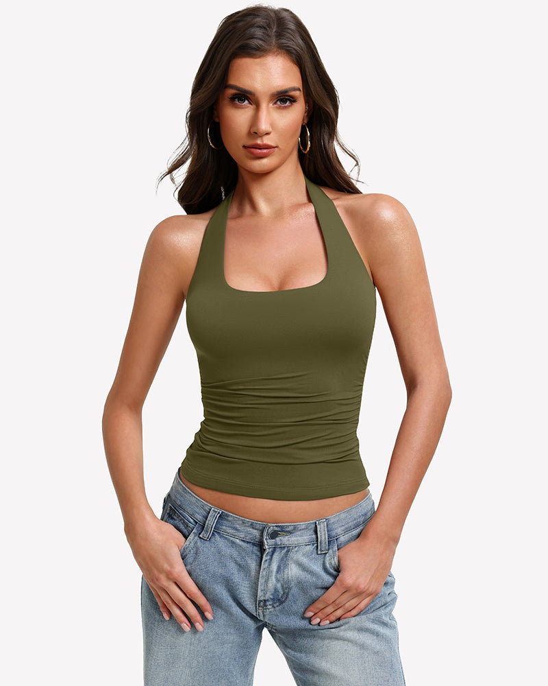 Halter Tank Tops Backless Ruched Double Lined Top