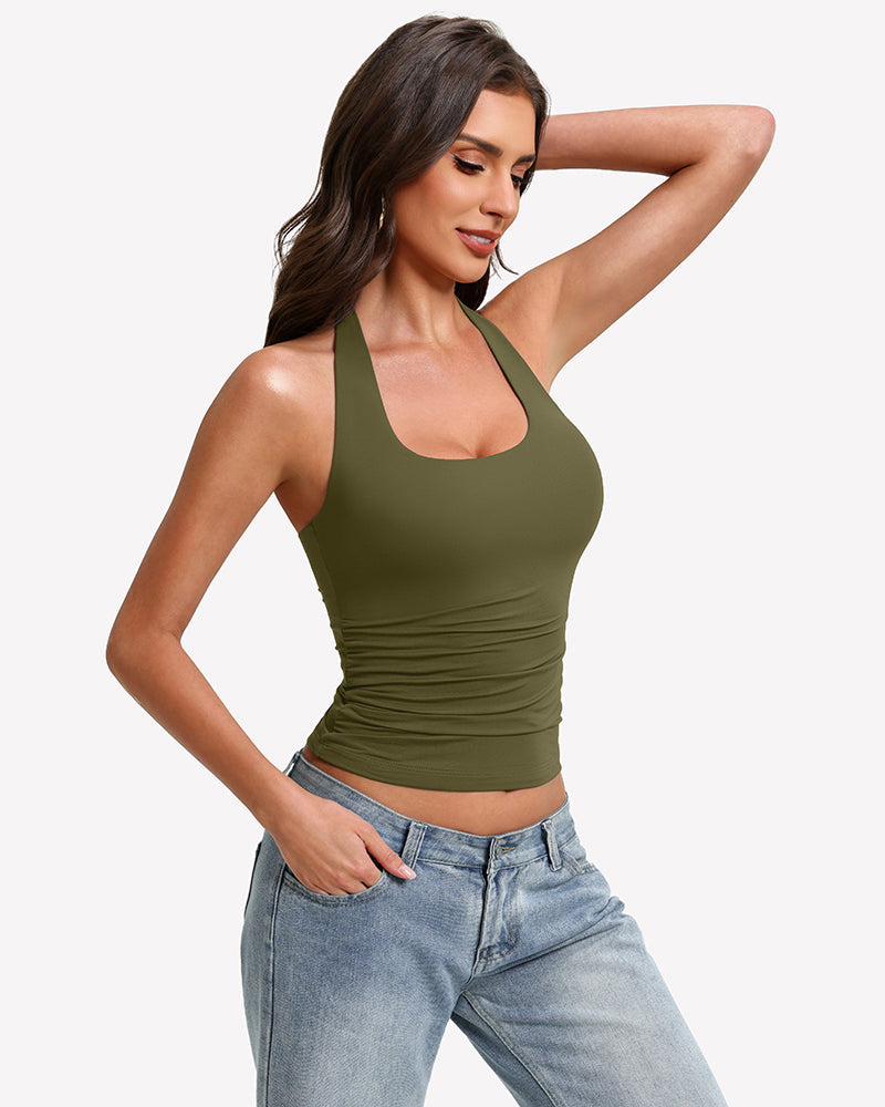 Halter Tank Tops Backless Ruched Double Lined Top