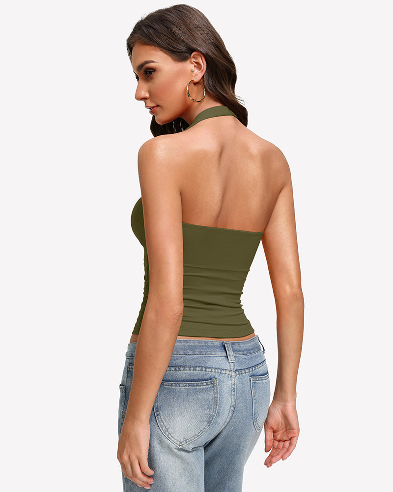 Halter Tank Tops Backless Ruched Double Lined Top