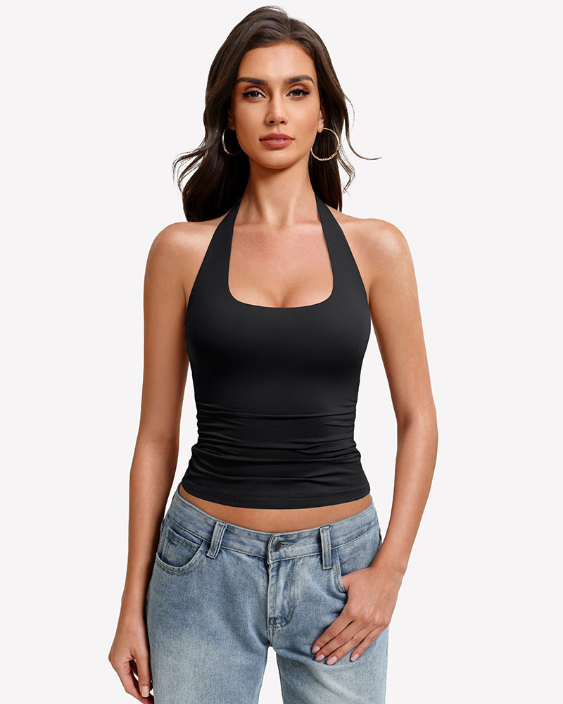 Halter Tank Tops Backless Ruched Double Lined Top