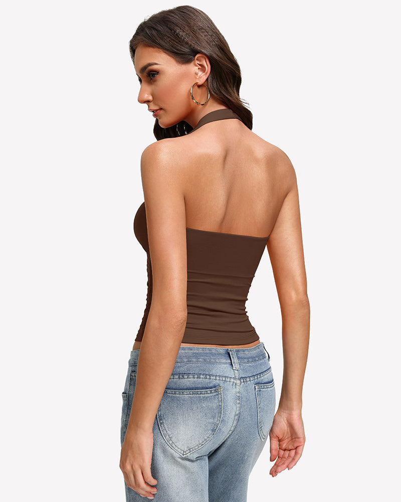 Halter Tank Tops Backless Ruched Double Lined Top