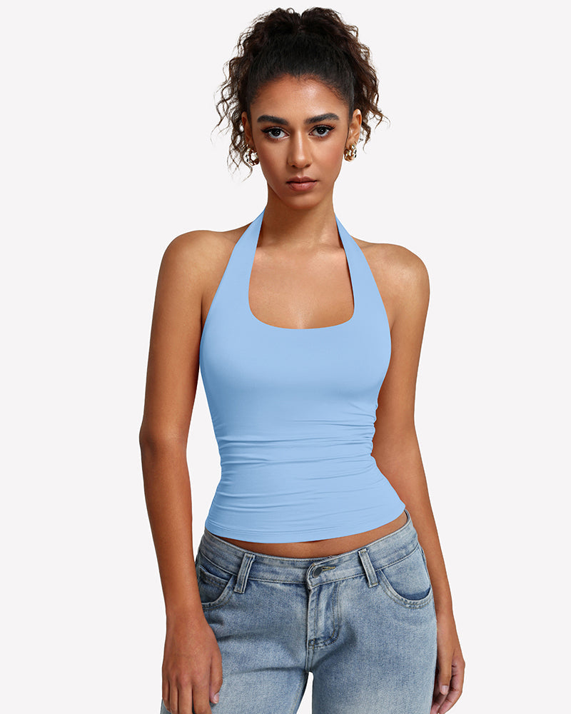 Halter Tank Tops Backless Ruched Double Lined Top