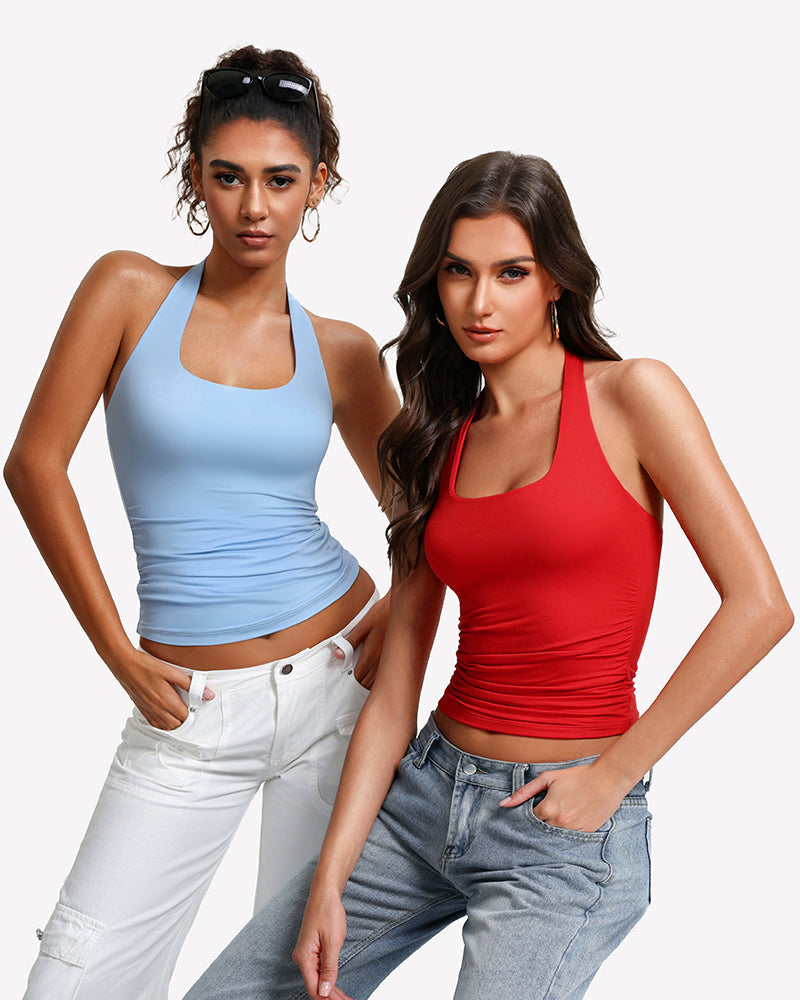 Halter Tank Tops Backless Ruched Double Lined Top