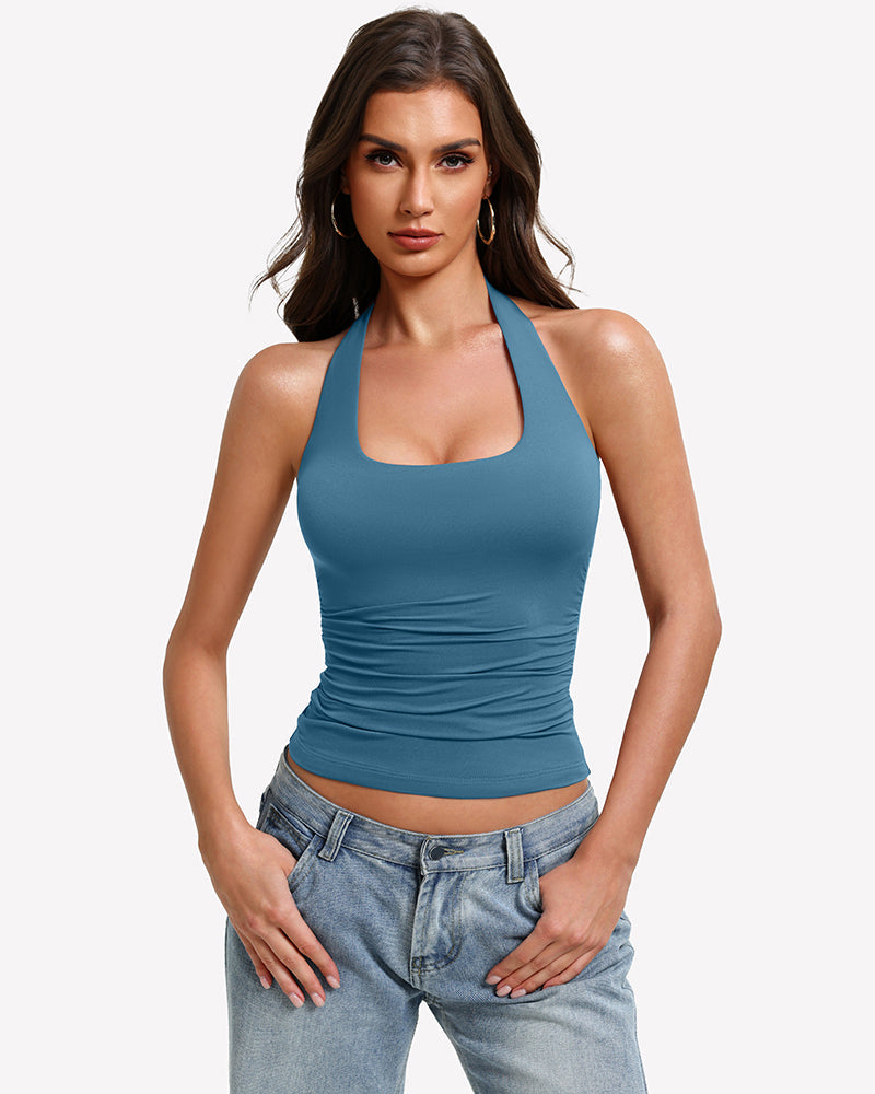 Halter Tank Tops Backless Ruched Double Lined Top