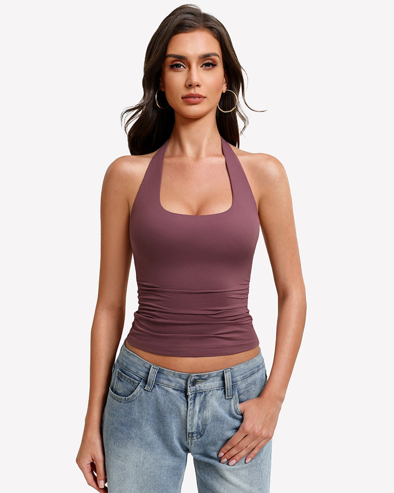 Halter Tank Tops Backless Ruched Double Lined Top