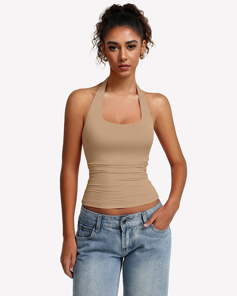 Halter Tank Tops Backless Ruched Double Lined Top