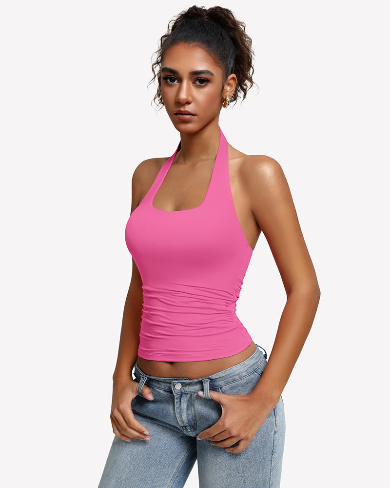 Halter Tank Tops Backless Ruched Double Lined Top