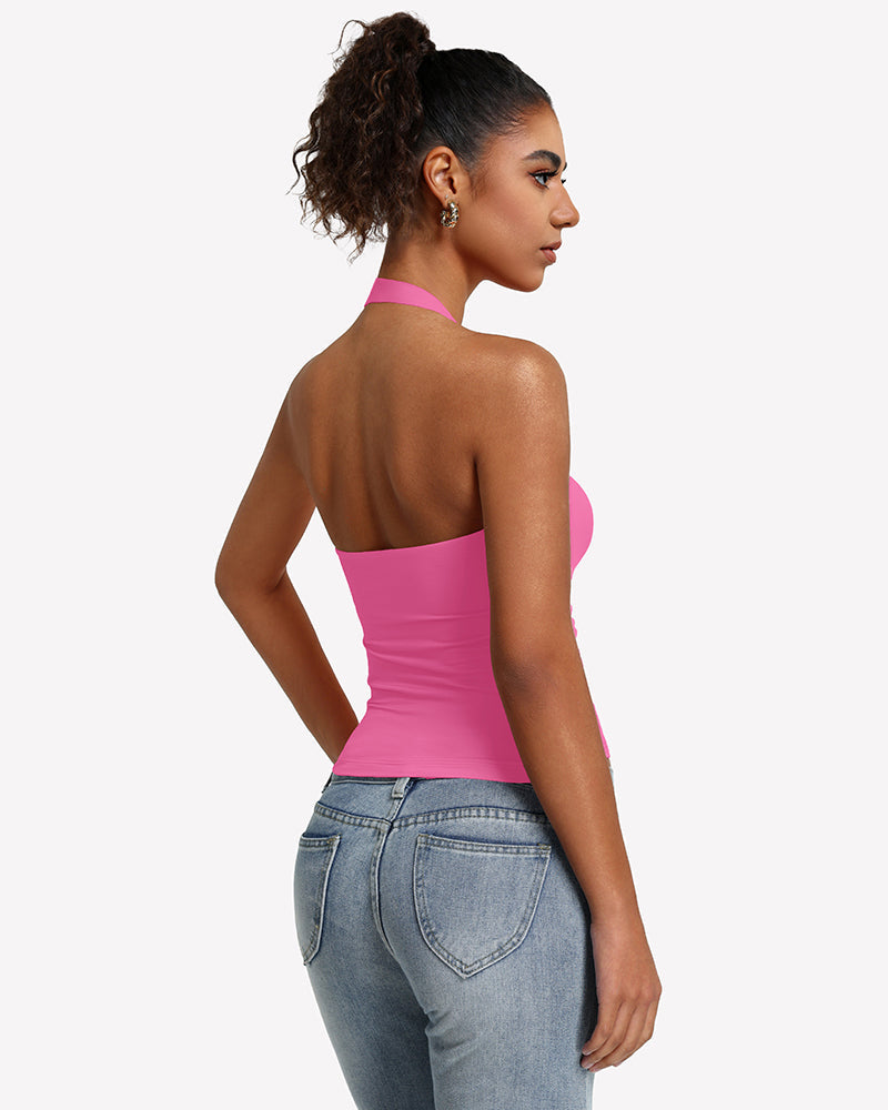 Halter Tank Tops Backless Ruched Double Lined Top