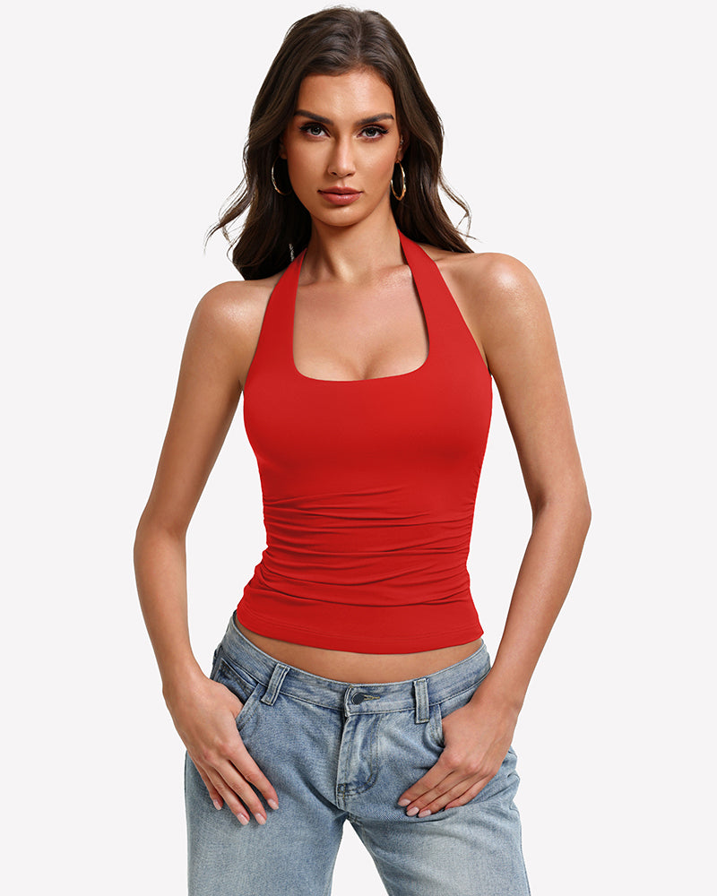 Halter Tank Tops Backless Ruched Double Lined Top