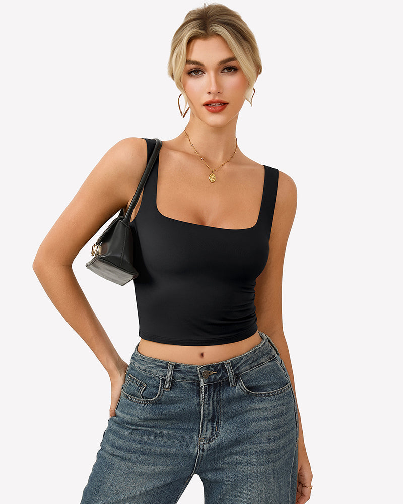 Square Neck Tank Top Double Lined Fitted Soft Crop Tops
