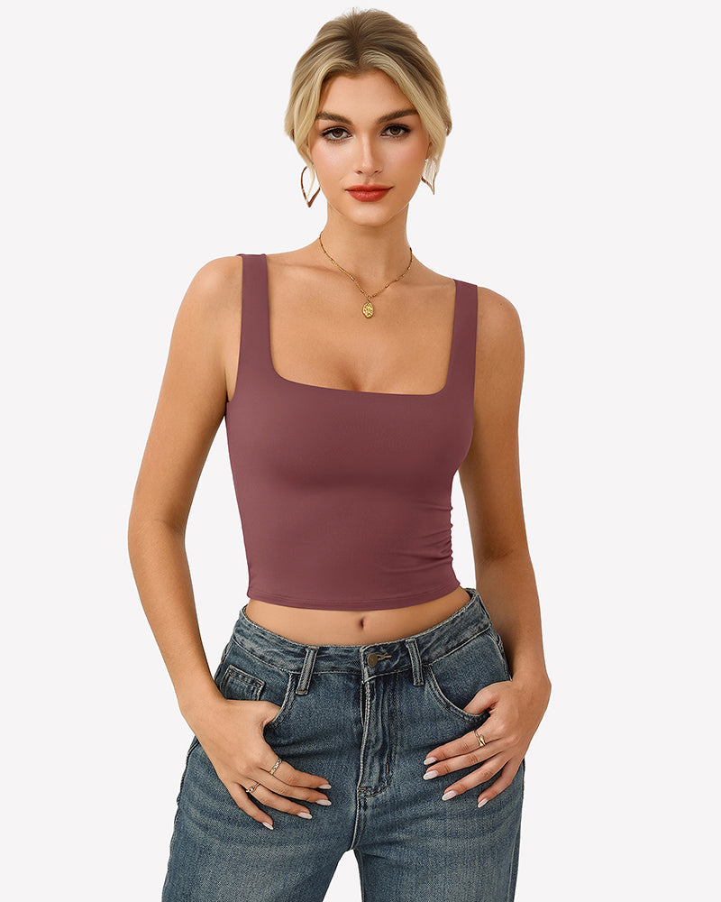 Square Neck Tank Top Double Lined Fitted Soft Crop Tops