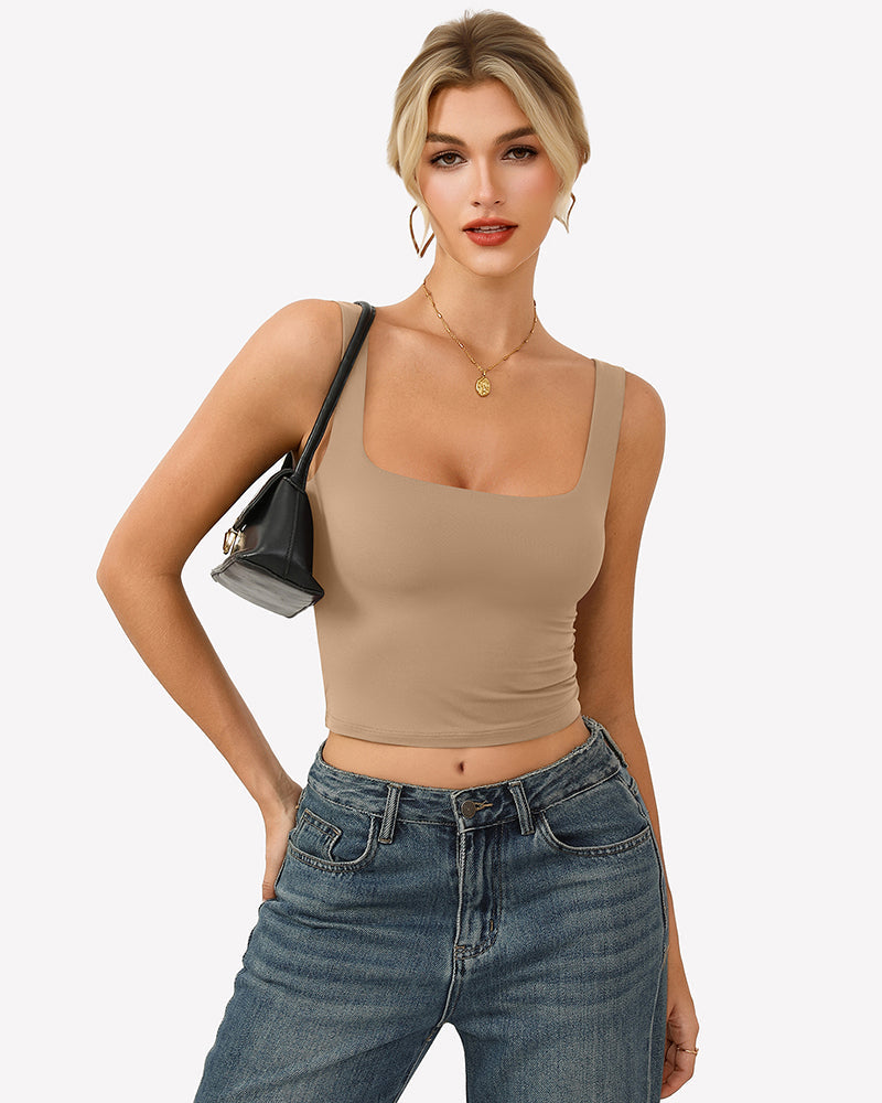 Square Neck Tank Top Double Lined Fitted Soft Crop Tops