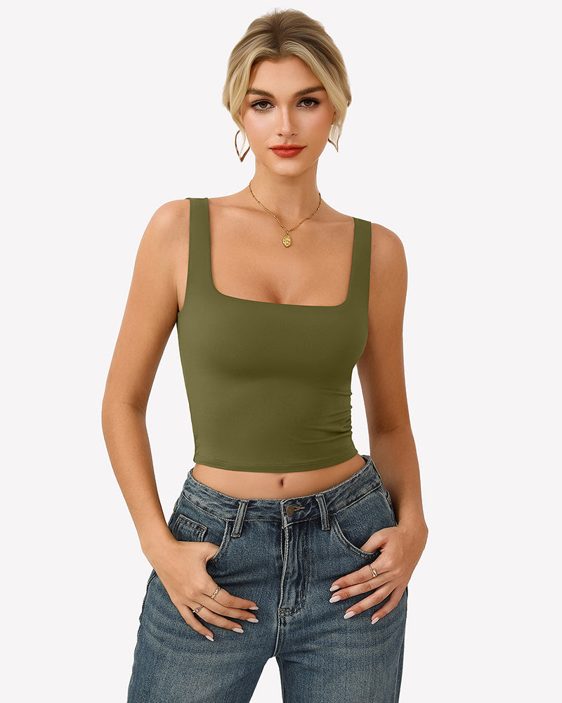 Square Neck Tank Top Double Lined Fitted Soft Crop Tops
