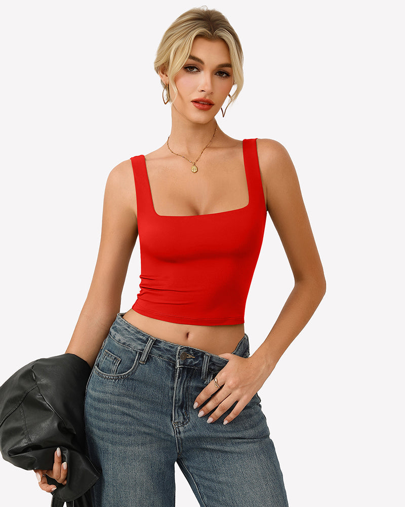Square Neck Tank Top Double Lined Fitted Soft Crop Tops