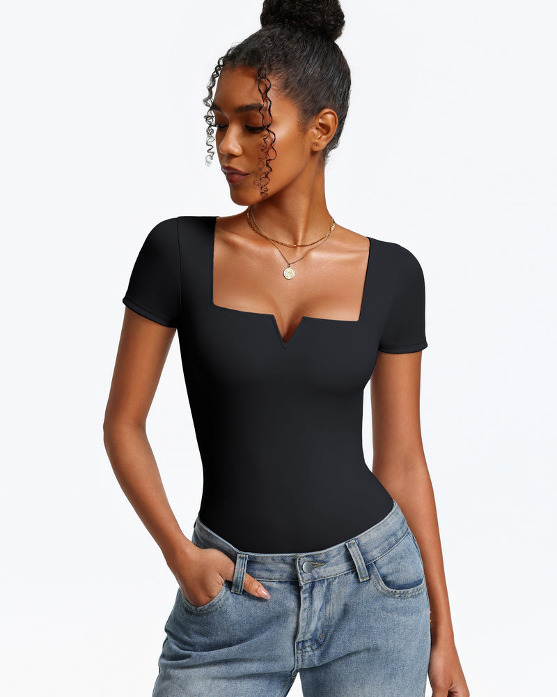 Short Sleeve Bodysuit Square Neck One-Piece T-Shirt Summer Top