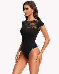 Lace Crew Neck Short Sleeve Thong Bodysuit