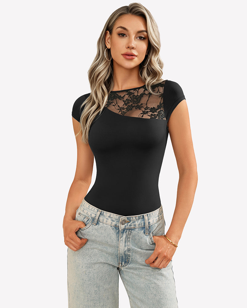 Lace Crew Neck Short Sleeve Thong Bodysuit