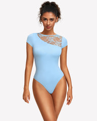 Lace Crew Neck Short Sleeve Thong Bodysuit