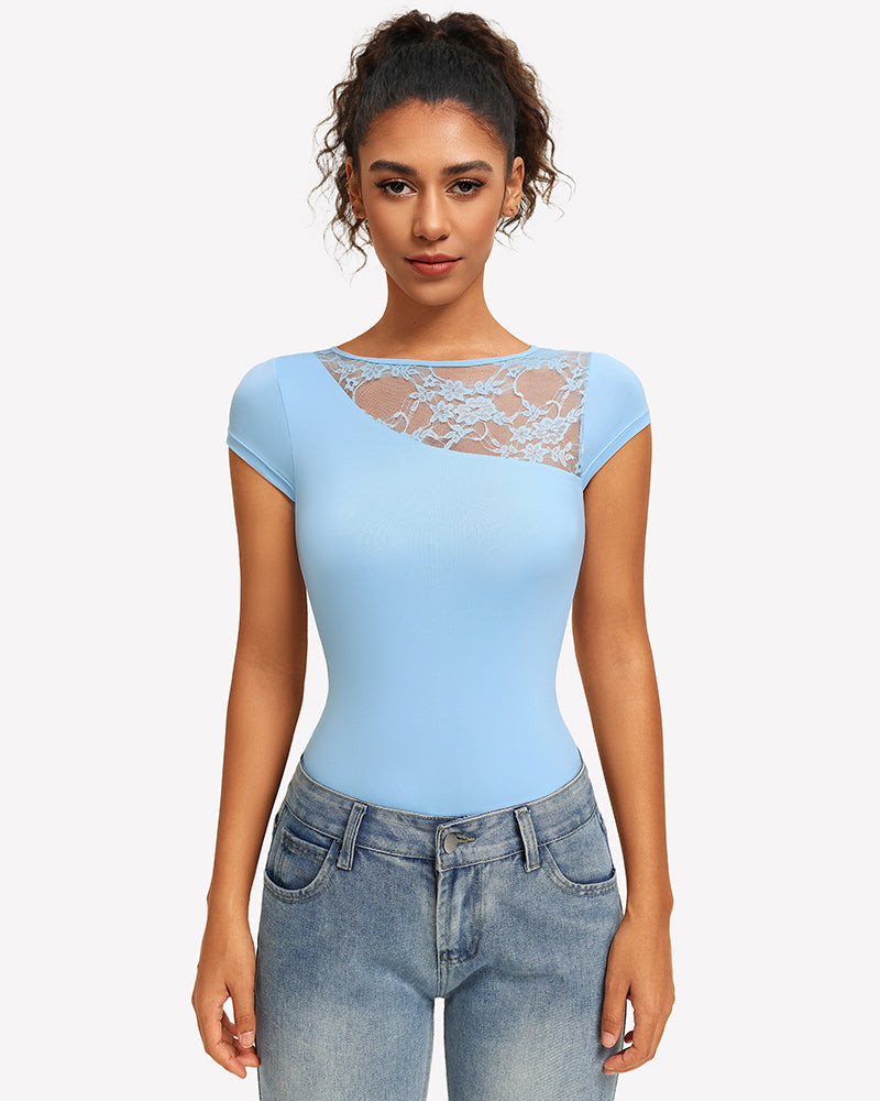 Lace Crew Neck Short Sleeve Thong Bodysuit