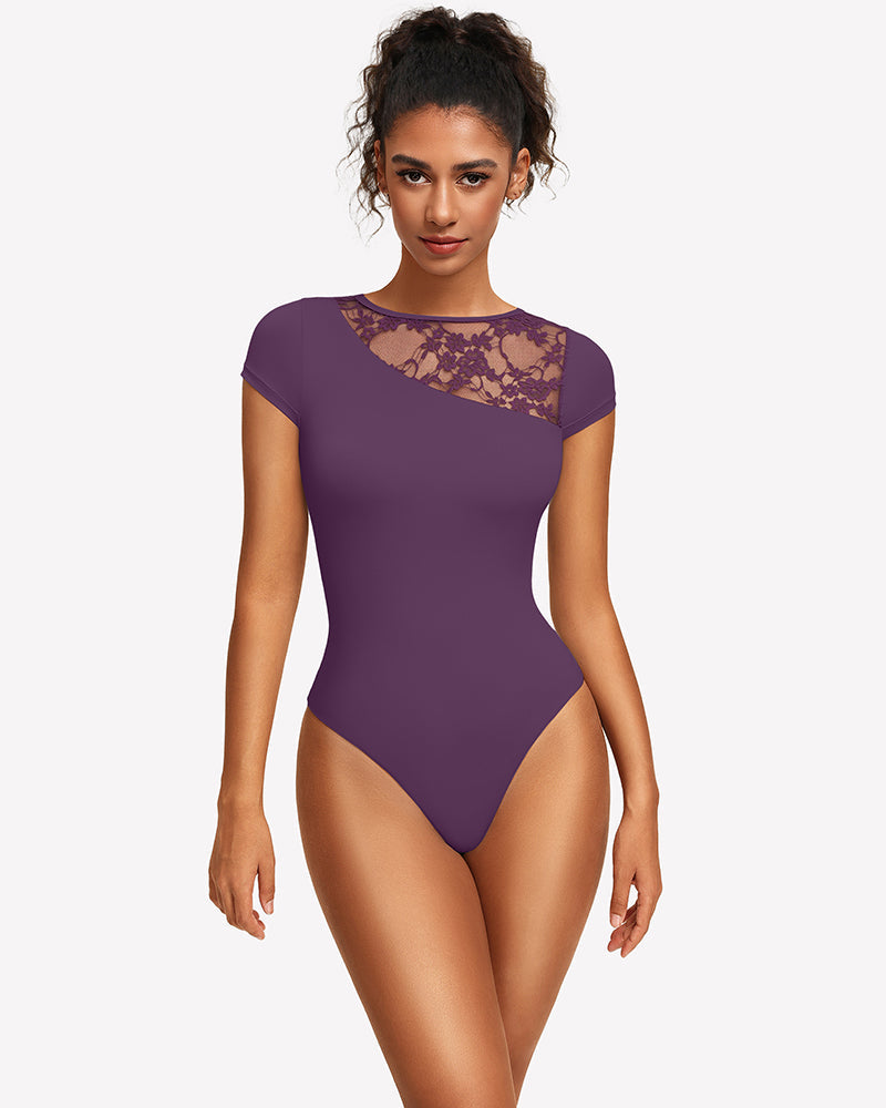 Lace Crew Neck Short Sleeve Thong Bodysuit