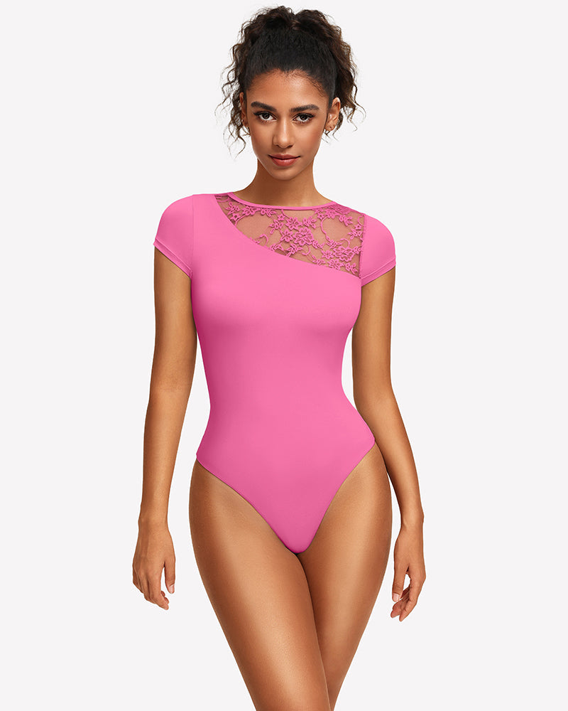 Lace Crew Neck Short Sleeve Thong Bodysuit