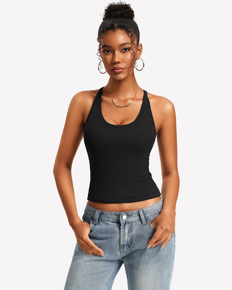 Tank Top with Built-In Bra - Ribbed Lace Racerback, Removable Pads