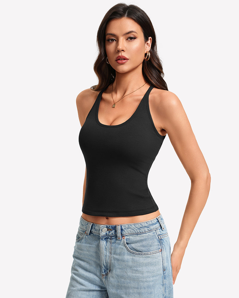 Tank Top with Built-In Bra - Ribbed Lace Racerback, Removable Pads