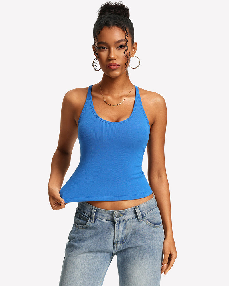 Tank Top with Built-In Bra - Ribbed Lace Racerback, Removable Pads