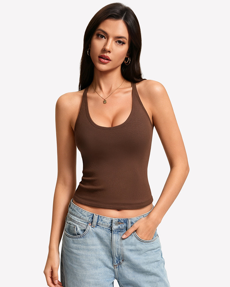 Tank Top with Built-In Bra - Ribbed Lace Racerback, Removable Pads